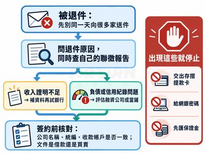 流程圖：被退件後先別同一天向很多家送件，接著問退件原因並查自己的聯徵報告；收入證明不足就補資料再試銀行，負債或信用紀錄問題則評估融資公司或當鋪；簽約前核對公司名稱、統編、收款帳戶是否一致，以及文件是借款還是買賣。右側紅色欄位「出現這些就停止」：交出存摺提款卡、給網銀密碼、先匯保證金