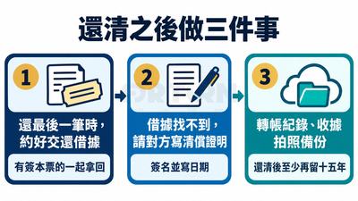 還清後三件事：還最後一筆時約好交還借據，本票一起拿回；借據找不到請對方寫清償證明並簽名；轉帳紀錄與收據備份，還清後至少再留十五年