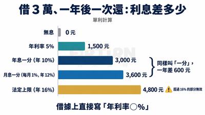 借3萬一年後一次還的單利比較：無息0元、年利率5%為1,500元、年息一分3,000元、月息一分3,600元、法定上限16%為4,800元