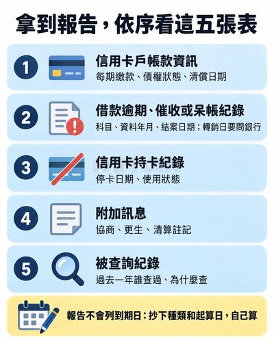 直式清單「拿到報告，依序看這五張表」：信用卡戶帳款資訊、借款逾期催收或呆帳紀錄、信用卡持卡紀錄、附加訊息、被查詢紀錄，底部提醒報告不會列到期日要自己算