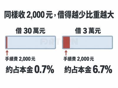 兩個長條對照，標題「同樣收 2,000 元，借得越少比重越大」：借 30 萬元時手續費 2,000 元約占本金 0.7%，借 3 萬元時同樣 2,000 元約占本金 6.7%