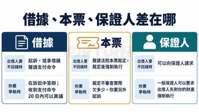 借據、本票、保證人對照：借據要起訴或聲請支付命令，20日內可異議；本票裁定後可強制執行，爭執要另外起訴；可向保證人請求