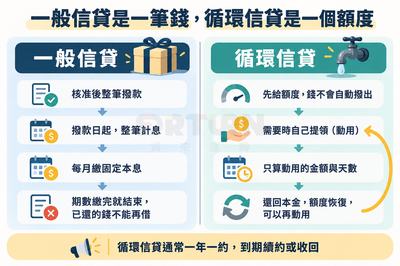 對照圖：一般信貸核准後整筆撥款、撥款日起整筆計息、每月繳固定本息到期數繳完；循環信貸先給額度、需要時提領、只算動用金額與天數、還了可再借，通常一年一約