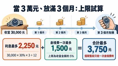 時間軸試算圖，標題「當 3 萬元、放滿 3 個月：上限試算」：從收當 30,000 元開始，經第 1、2、3 個月到第 3 個月取贖；下方三格寫利息最多 2,250 元（30,000 × 30% × 3 ÷ 12），加倉棧費一次最多 1,500 元（上限為收當金額的 5%），等於合計最多 3,750 元，並註明僅限整段只收一次倉棧費時