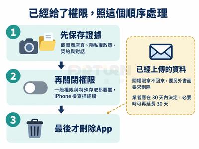 步驟圖：1先保存證據、2再關閉一般權限與特殊存取並檢查iPhone描述檔、3最後才刪除App；旁註已上傳資料要書面要求刪除，業者應在30天內決定