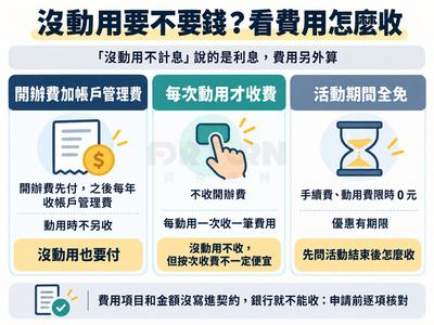 比較圖：沒動用不計息說的是利息；開辦費加帳戶管理費型沒動用也要付，每次動用才收費型沒動用不收但不一定便宜，活動全免型要問結束後怎麼收；費用沒寫進契約不能收