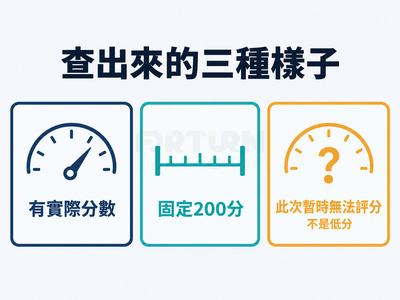 三格並列圖說明聯徵分數查詢結果的三種樣子：有實際分數、固定200分、此次暫時無法評分（不是低分），三者互斥且平行呈現，不分高低等級