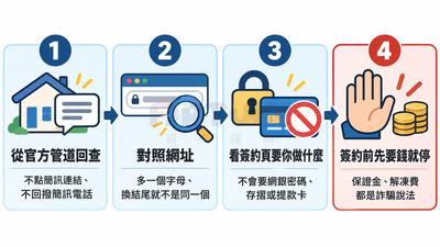 四步驟圖：1 從官方管道回查，不點簡訊連結、不回撥簡訊電話；2 對照網址；3 簽約頁不會要網銀密碼、存摺或提款卡；4 簽約前先要保證金、解凍費就停