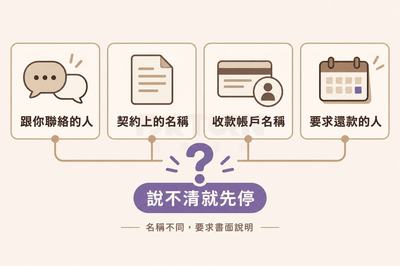 把聯絡人、契約名稱、收款帳戶與要求還款者並排核對的四格查證圖