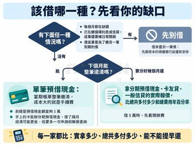 流程圖：每月都缺錢、已在繳循環還要補開銷或借來還債就先別借；下個月能整筆還清選預借現金或分期預借現金；要分期還就比總共多付與總費用年百分率